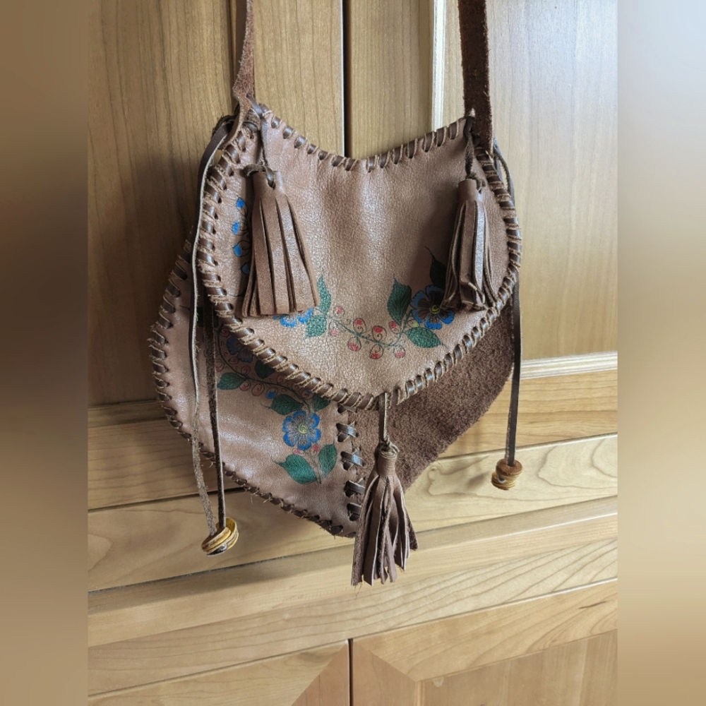 Char VTG 70s Mexican Floral hand  Painted orange Leather Bag hippie boho Purse